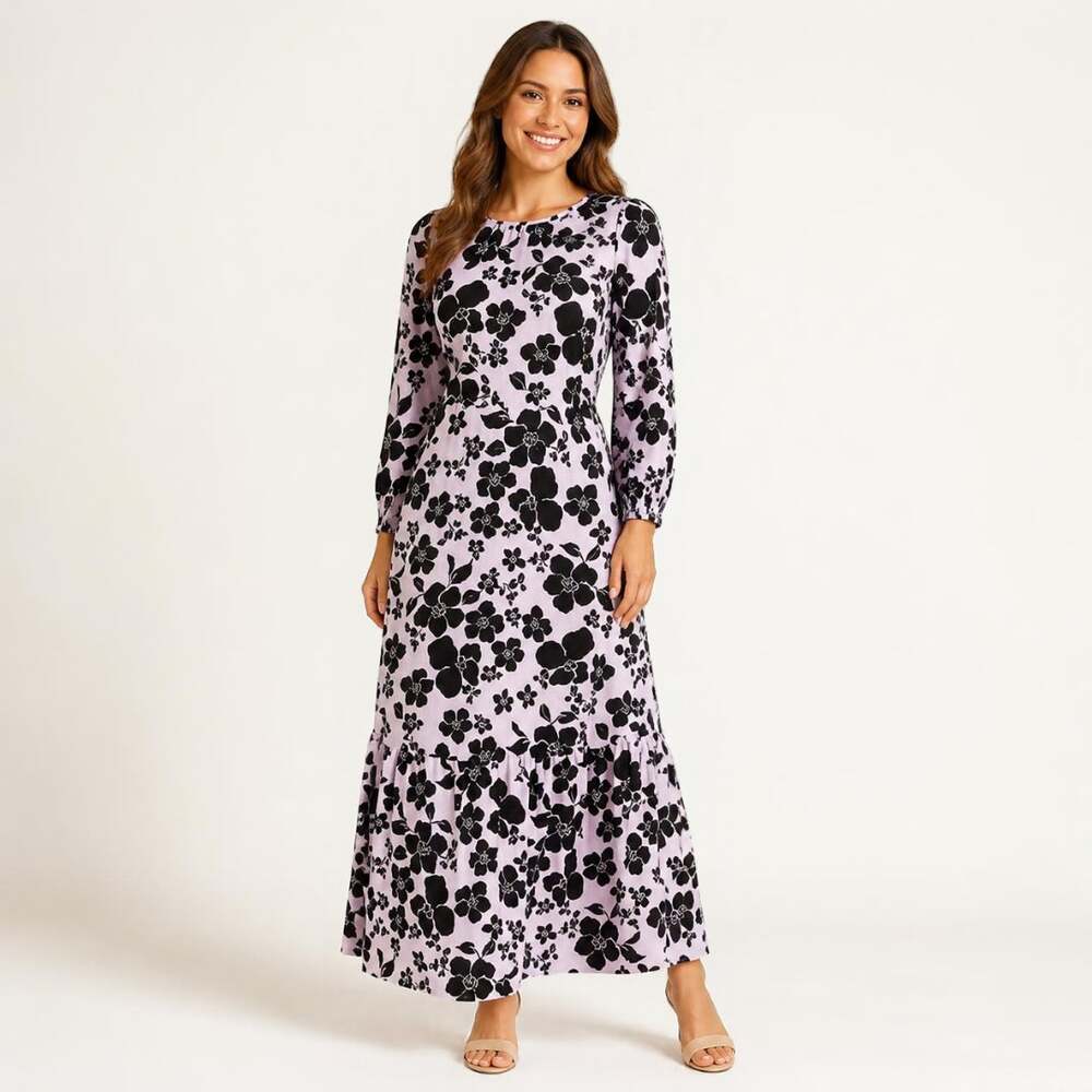 Who What Wear Purple Floral Puff Long Sleeve Dress Women’s Size Medium